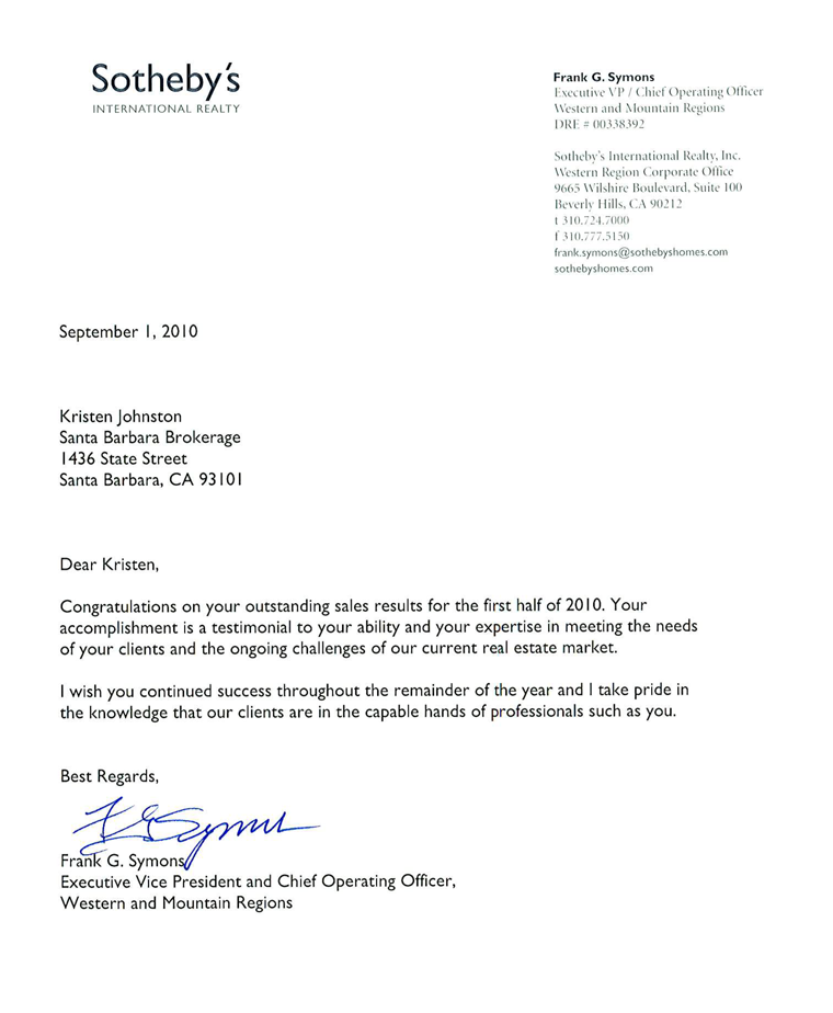 This letter commends Kris Johnston for outstanding sales results.